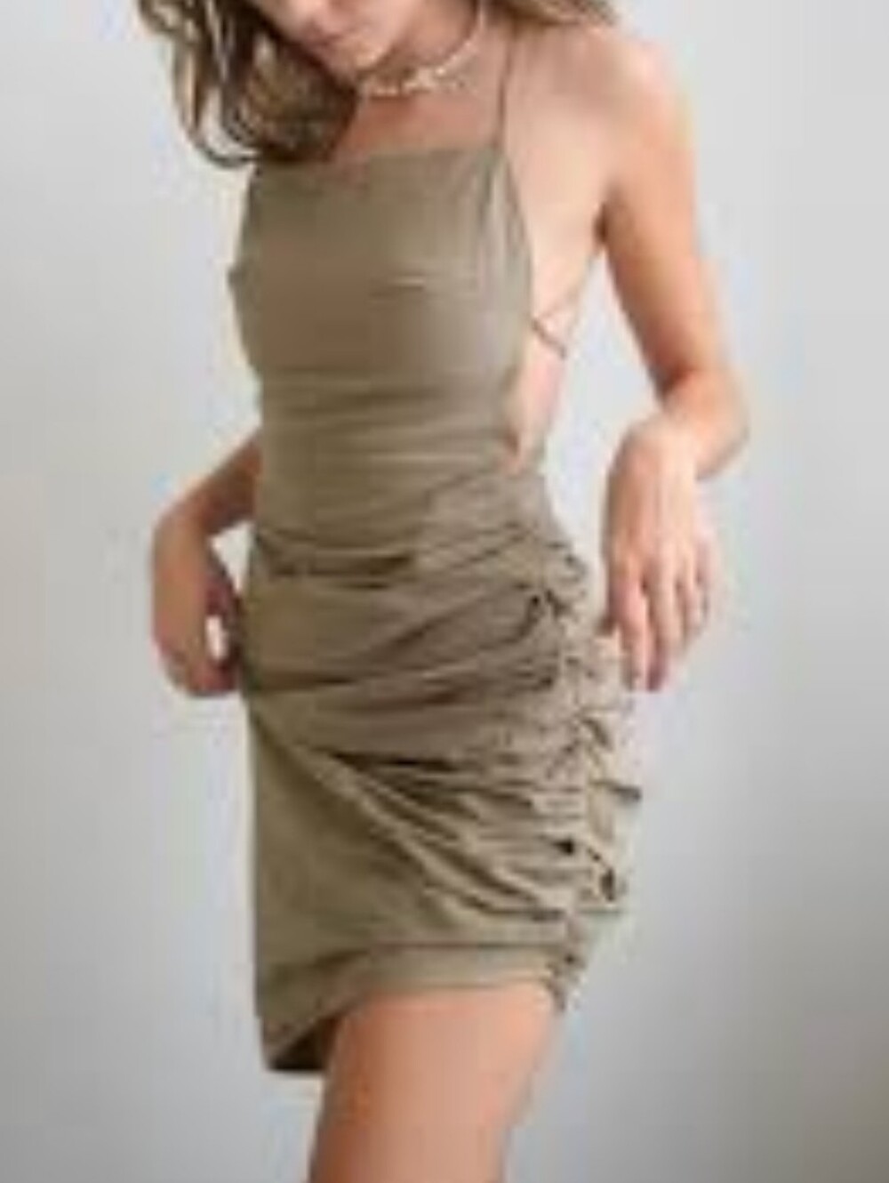 Tie-Back Ruched Mini Dress in Khaki